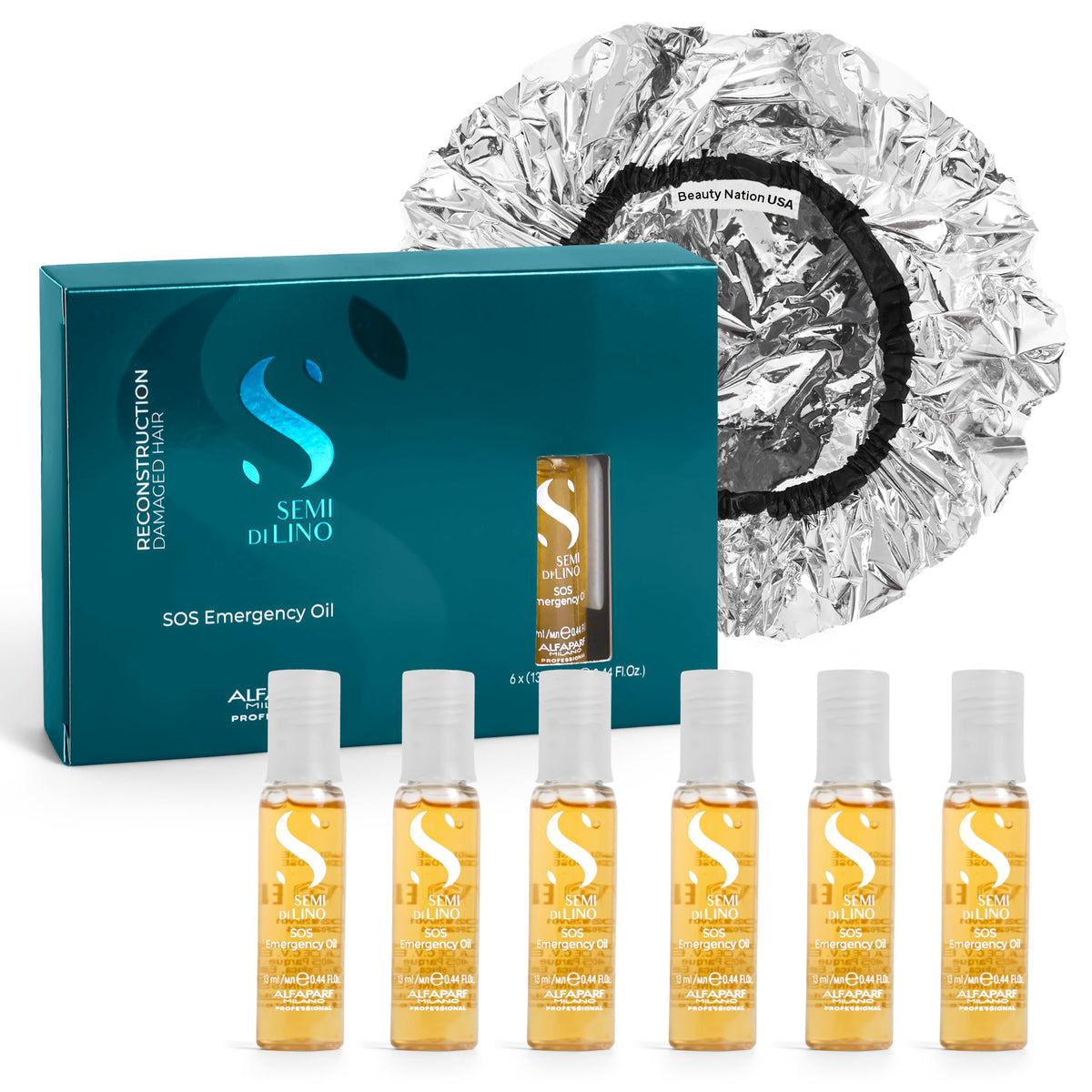 Alfaparf SOS Reconstruction oil vials pack for targeted hair repair by Beauty Nation USA.