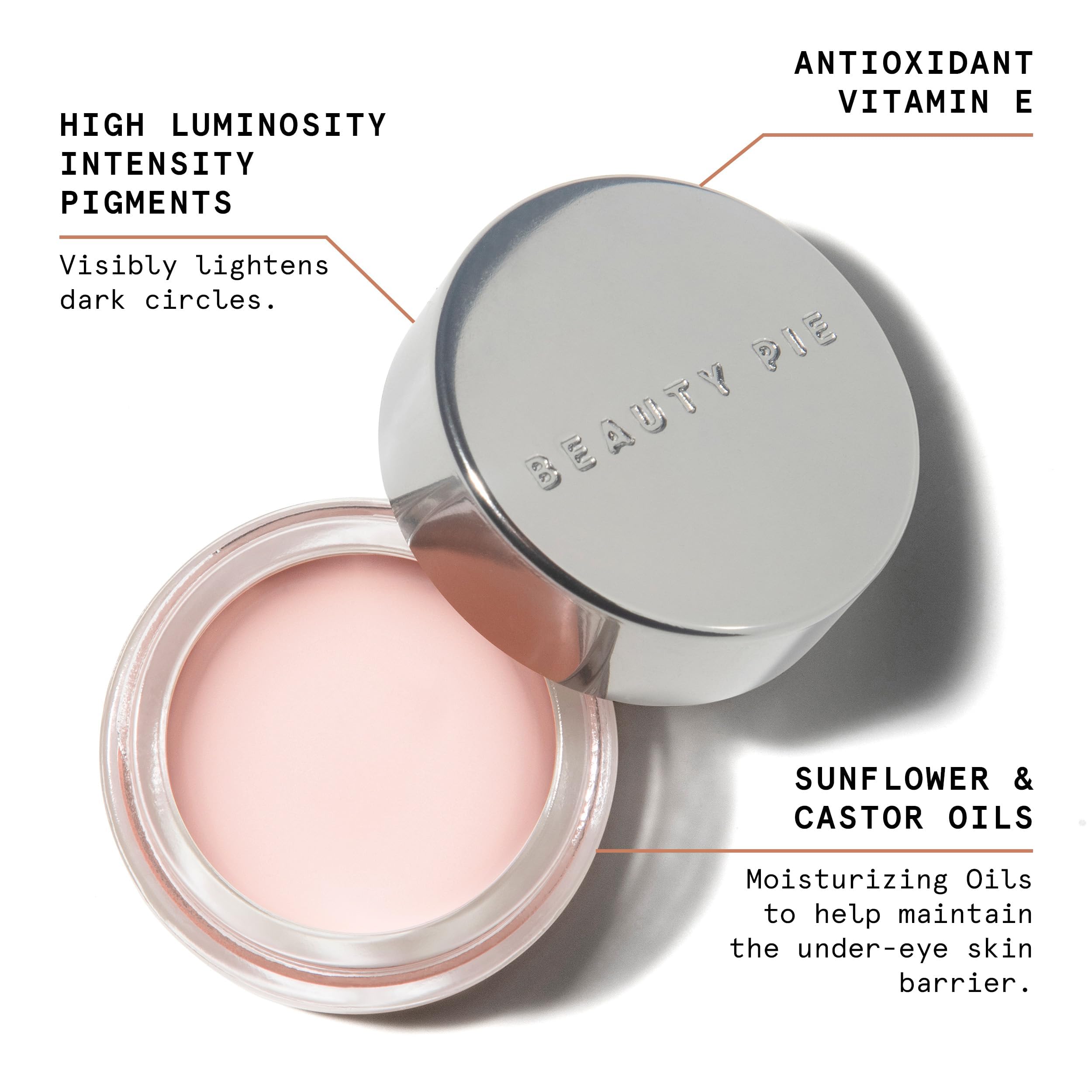 Beauty Pie peach-toned pigments correcting under-eye discoloration.