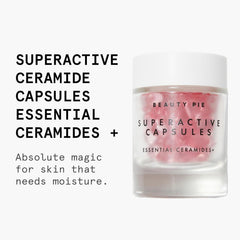 Beauty Pie Superactive capsules pack front, travel-friendly moisture capsules for on-the-go hydration.