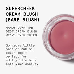 Beauty Pie Supercheek Cream Blush Bare Blush swatch on cheek for natural glow.
