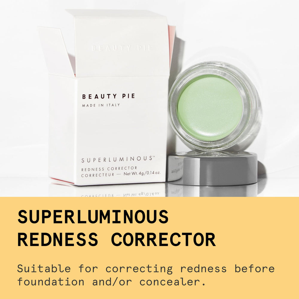 Beauty Pie Superluminous Redness Corrector Green ingredients closeup highlights hydration benefits.