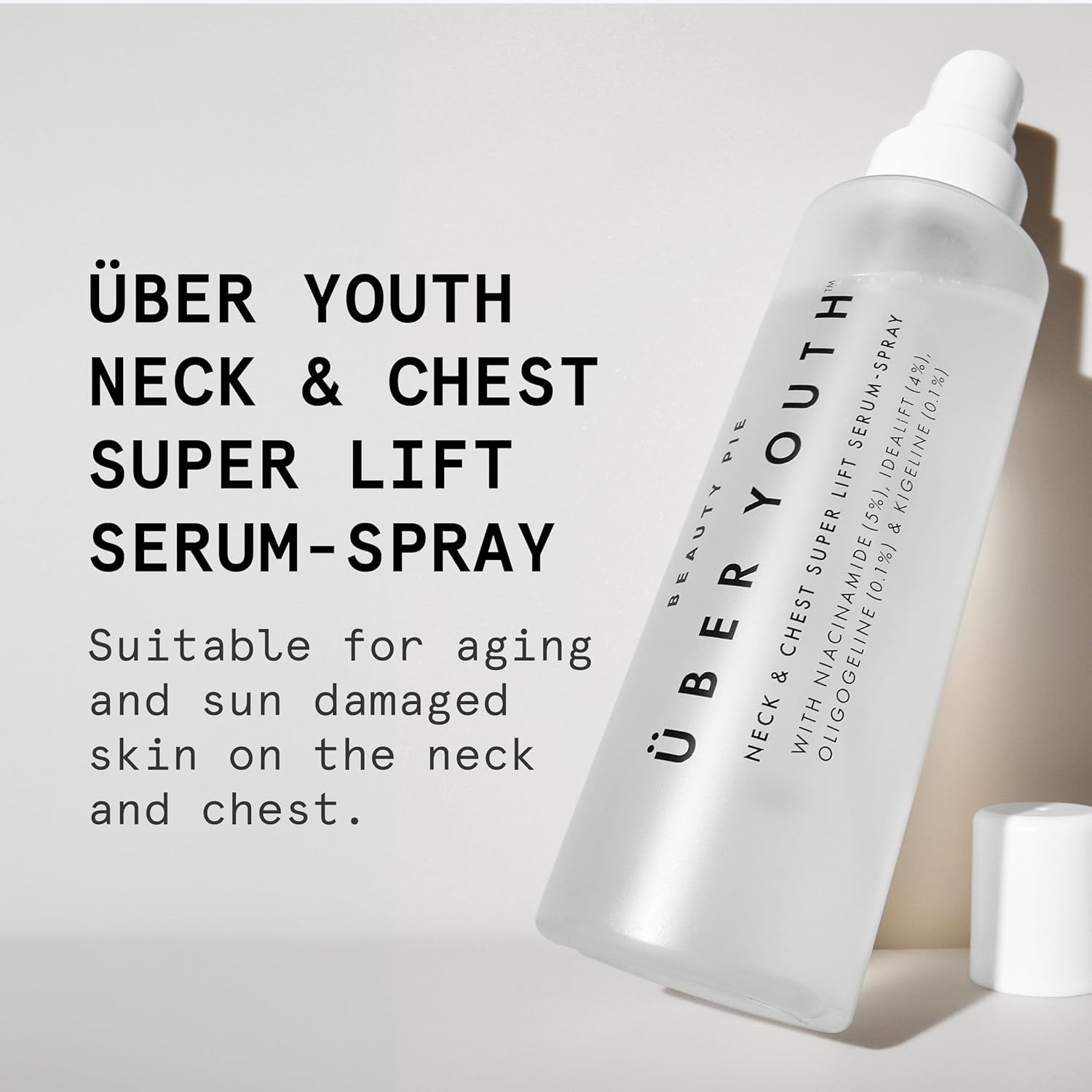 Beauty Pie Ueber Youth neck-chest serum spray being applied on clean skin for lifting benefits.