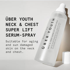 Beauty Pie Ueber Youth neck-chest serum spray being applied on clean skin for lifting benefits.