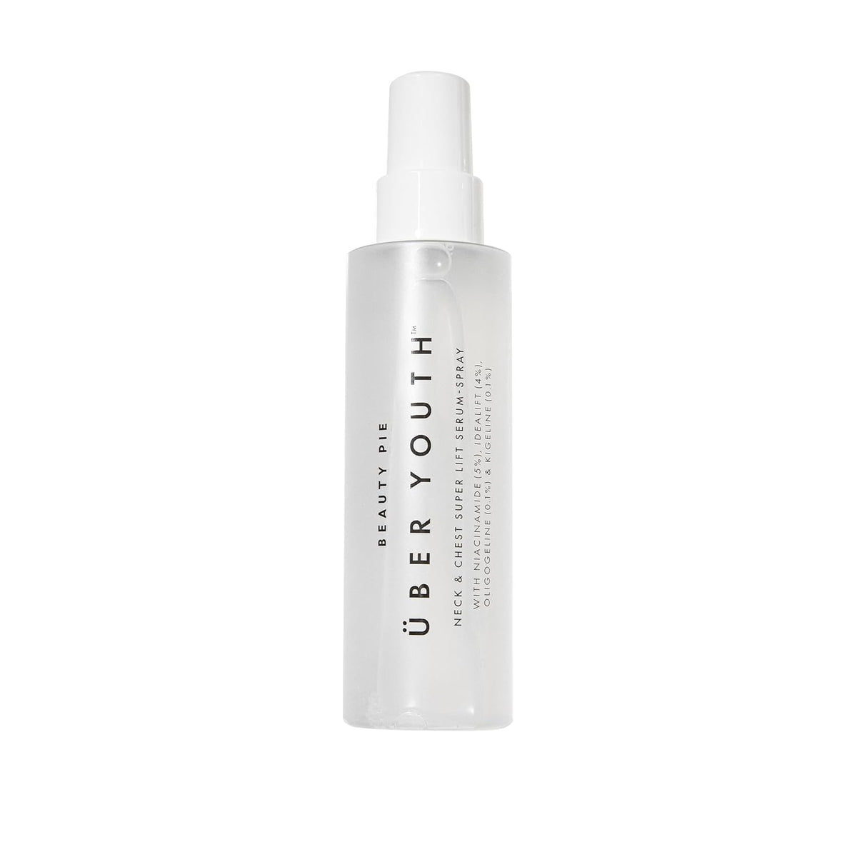 Beauty Pie Ueber Youth neck-chest serum spray bottle for anti-aging hydration and skin lift.