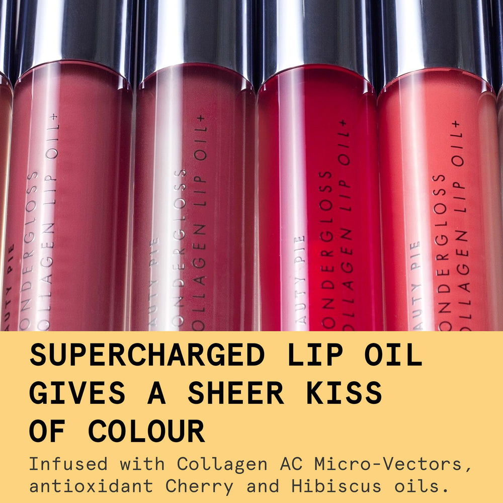 Lip swatch of Beauty Pie Wondergloss spicy-pink shade.