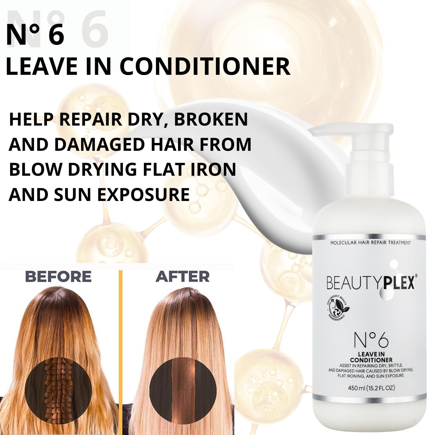 Beauty Plex No.6 label showcases heat protection up to 450°F for styled hair