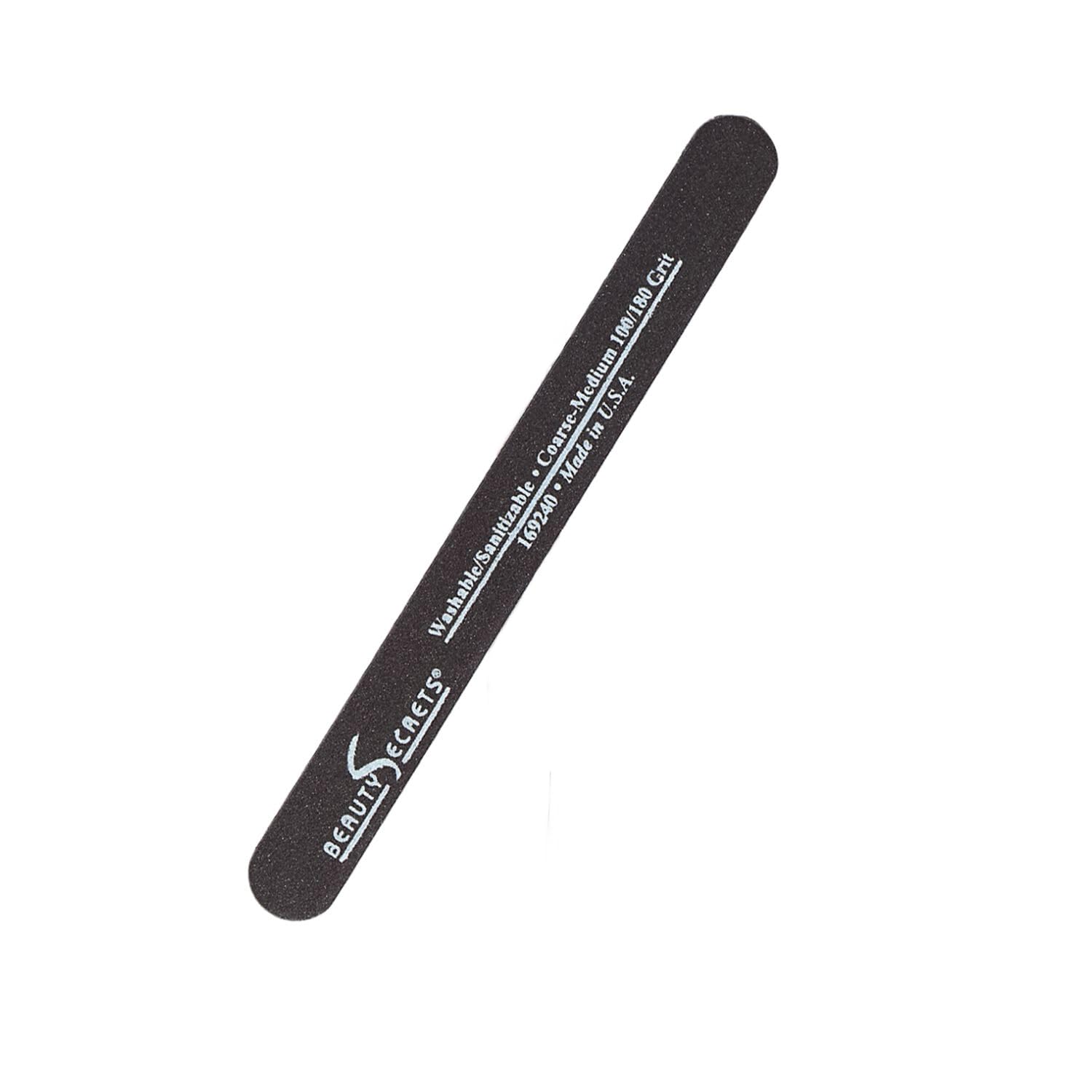Beauty Secrets dual-sided black cushion nail file with 180/100 grit for precise shaping.