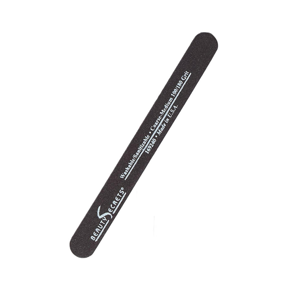 Beauty Secrets dual-sided black cushion nail file with 180/100 grit for precise shaping.
