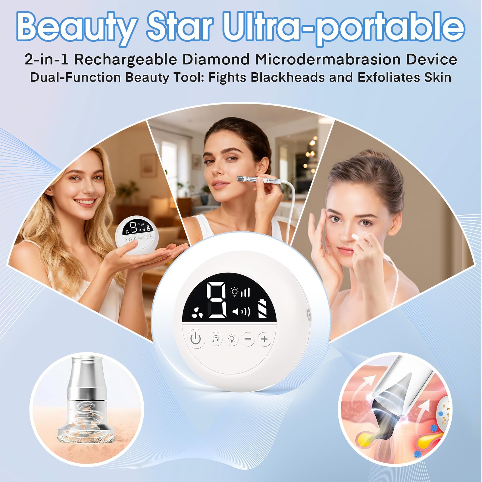 Beauty Star three diamond tips for targeted facial exfoliation and pore care