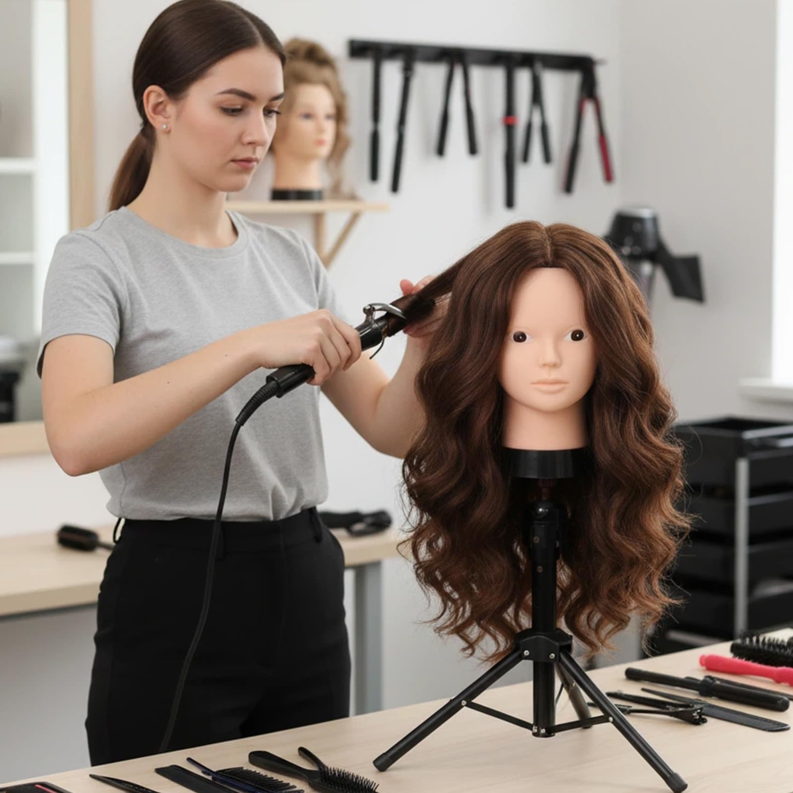Beauty Star hair-styling head for dye testing and curling.