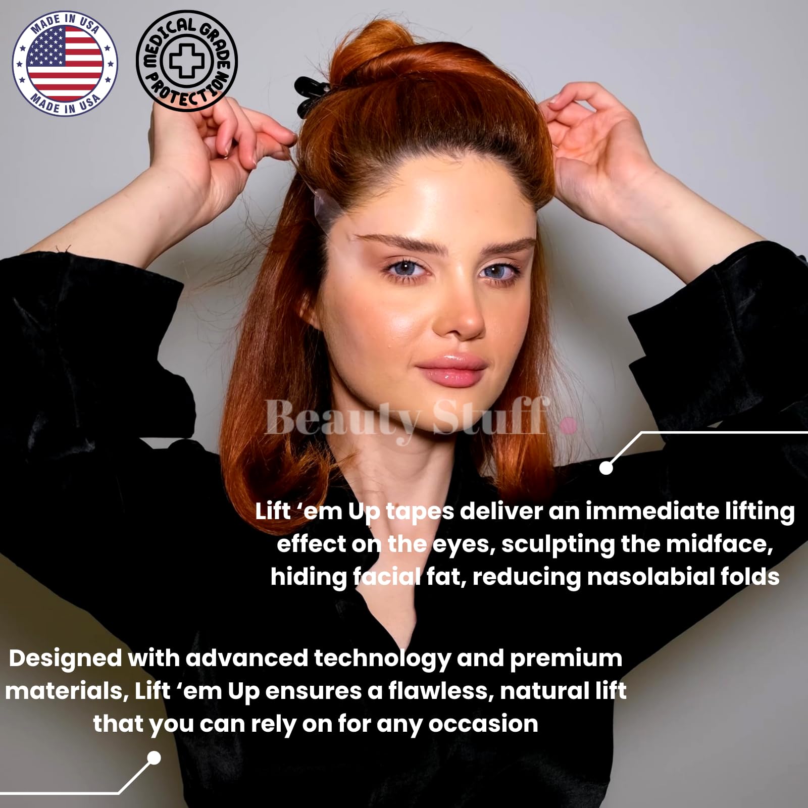 Beauty Stuff Lift em Up USA-made tapes highlighting quality materials