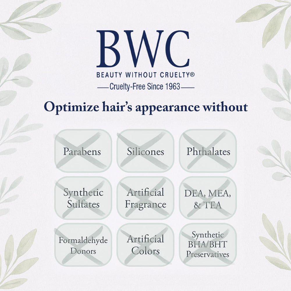 Beauty Without Cruelty daily benefits labeling on USA-made bottle communicates cruelty-free commitment