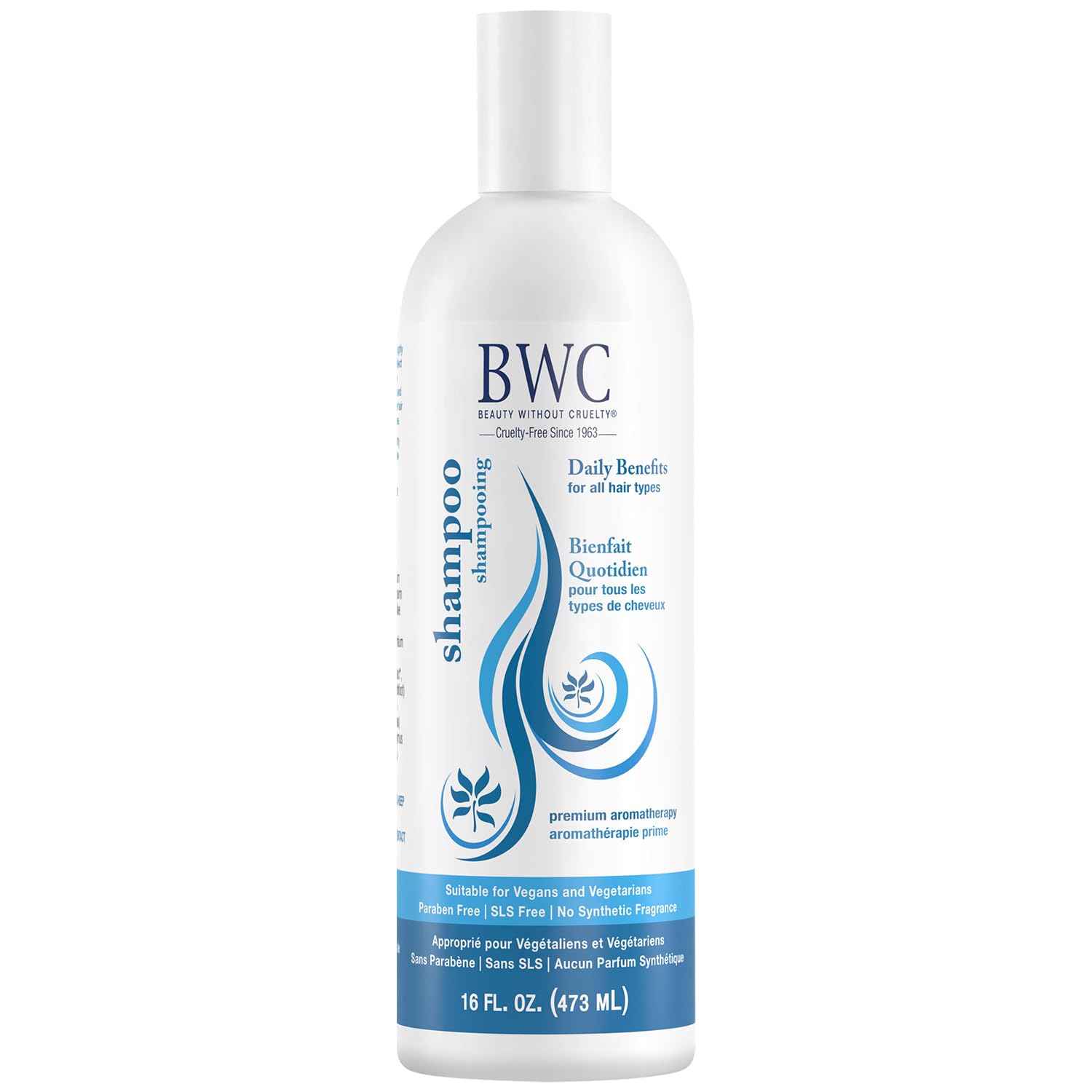 Beauty Without Cruelty daily benefits shampoo bottle pour highlights gentle cleansing and vegan care