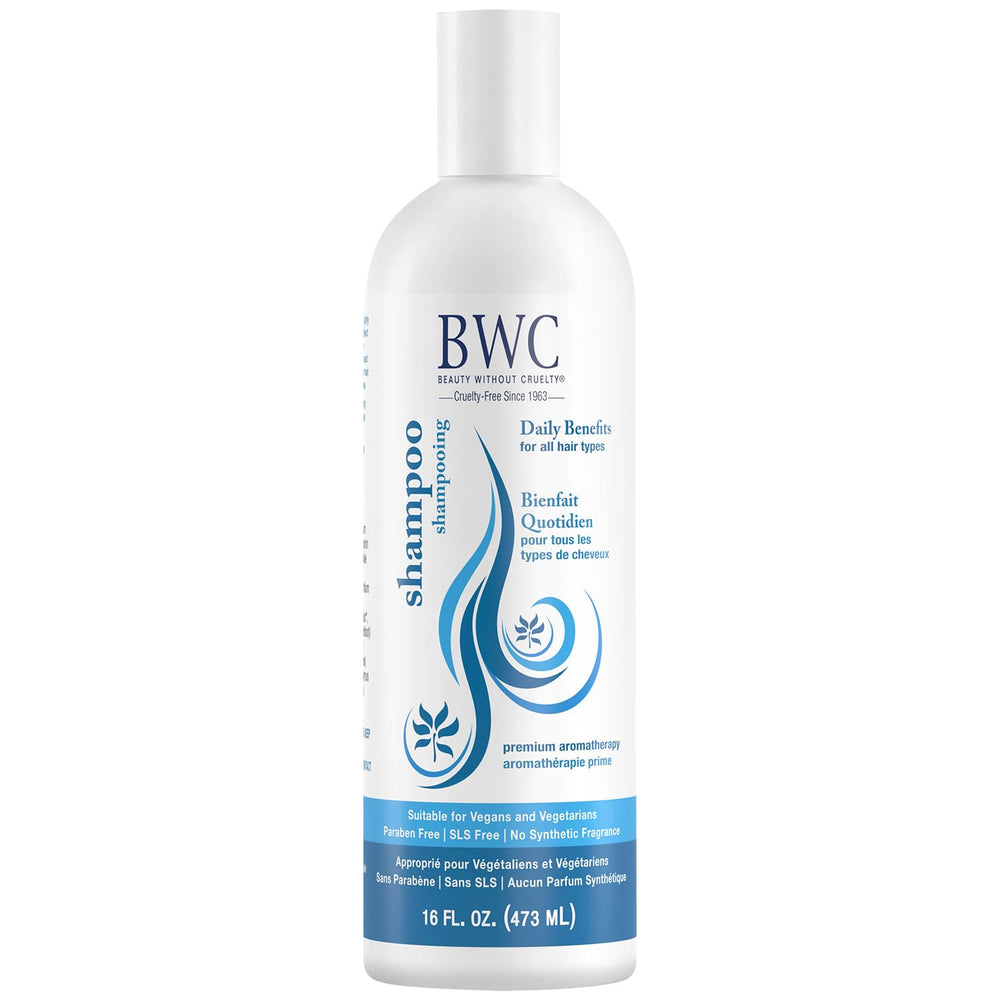 Beauty Without Cruelty daily benefits shampoo bottle pour highlights gentle cleansing and vegan care