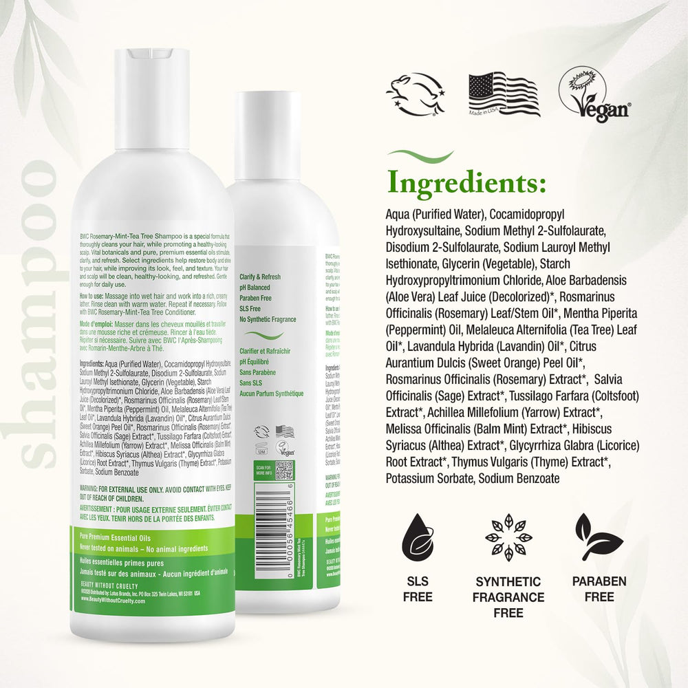 Beauty Without Cruelty rosemary mint tea tree shampoo close-up with tea tree oil