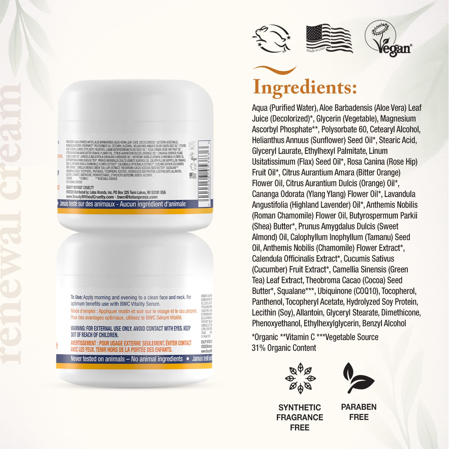 Beauty Without Cruelty Vitamin C Renewal Cream packaging showcases vegan and cruelty-free skincare