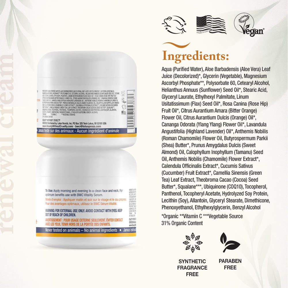 Beauty Without Cruelty Vitamin C Renewal Cream packaging showcases vegan and cruelty-free skincare