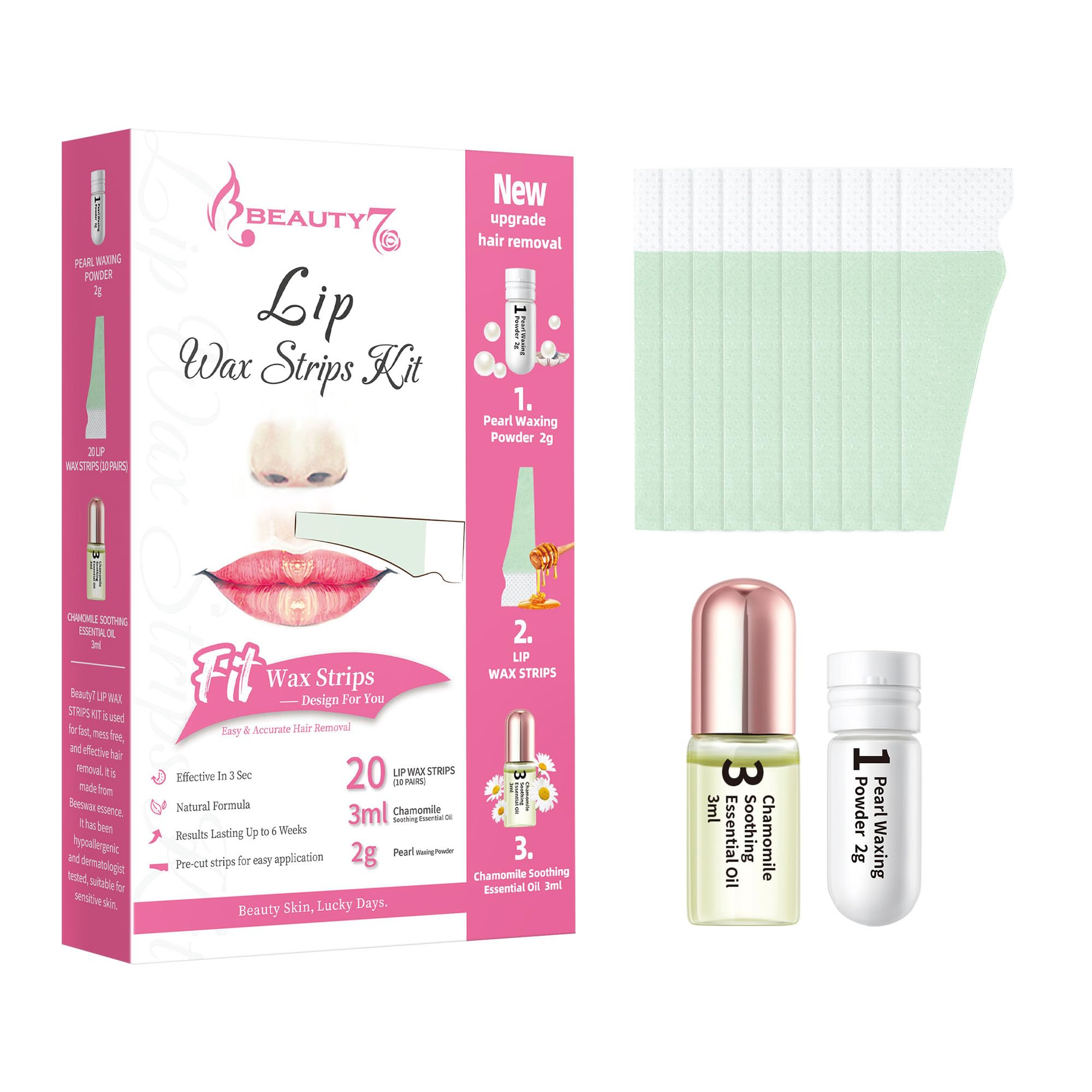 Beauty7 Included items: twenty strips, pearl powder, and essential oil.