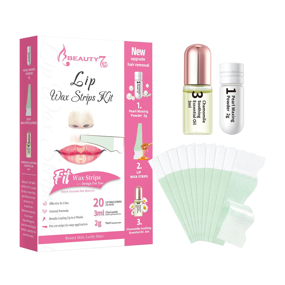 Beauty7 Lip Wax Strips packaging highlights fragrance-free, skin-friendly formula.