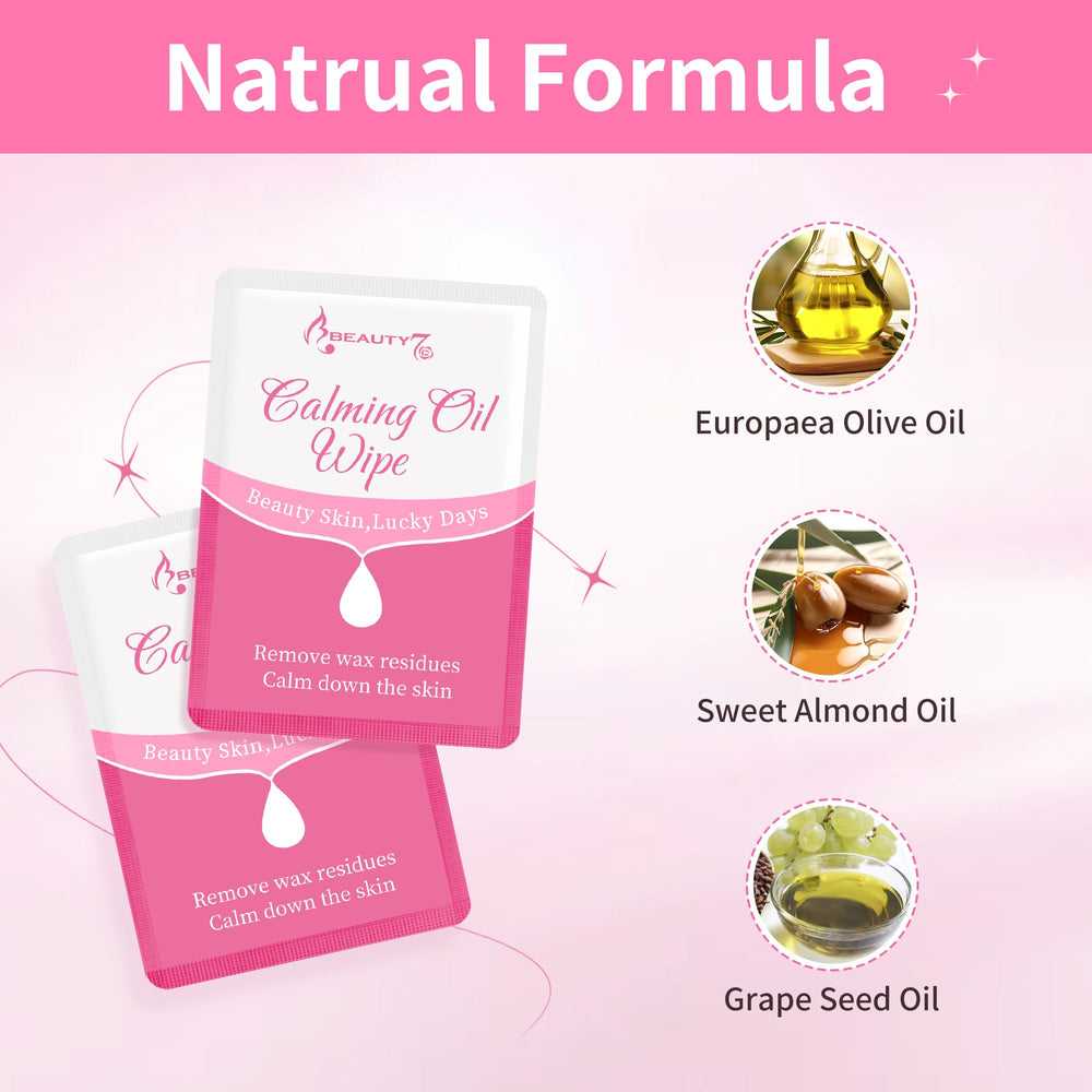 Beauty7 post wax calming oil wipes individual wrapper highlights travel-friendly design for quick refresh