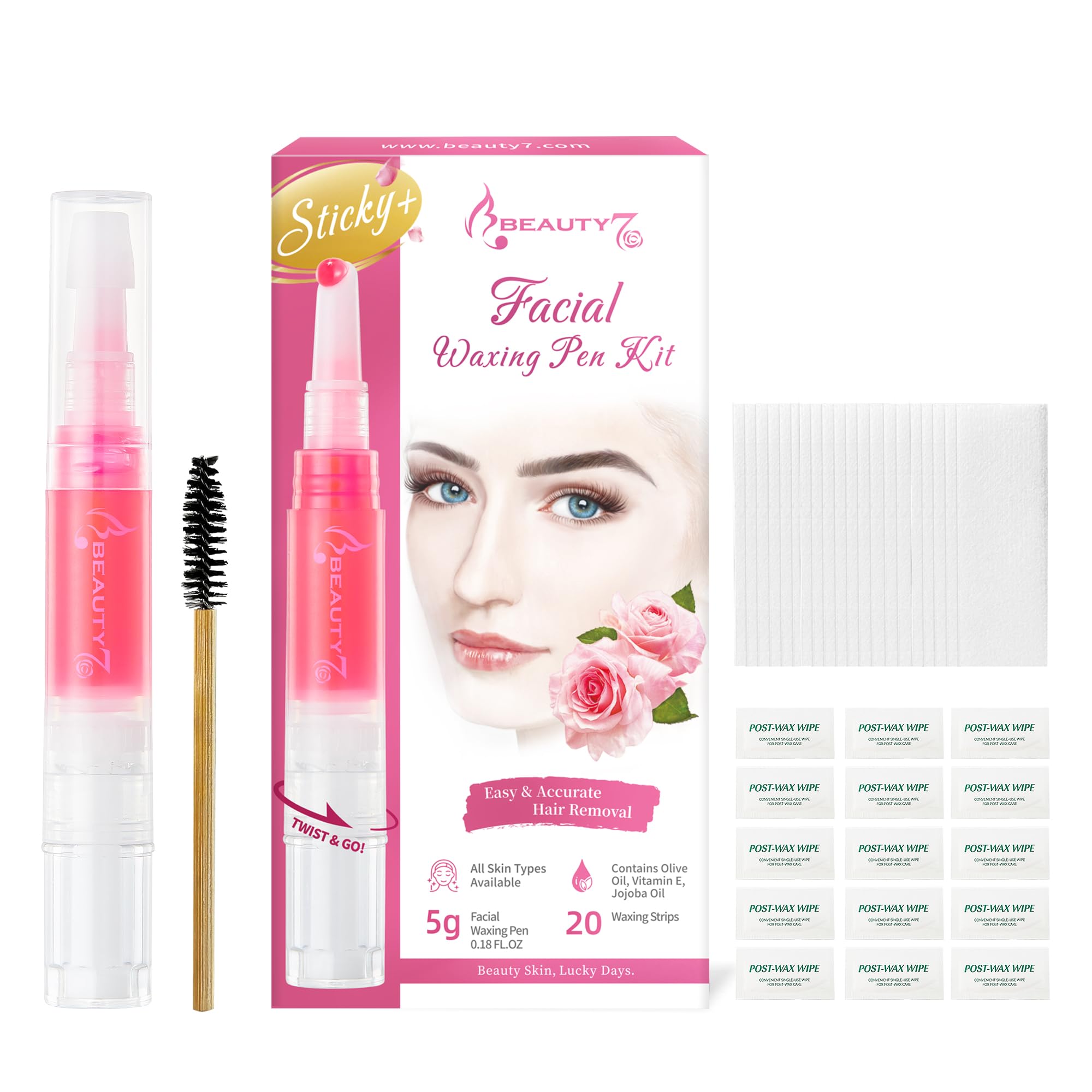 Beauty7 sticky eyebrow wax pen application shows precise control for shaping brows and removing facial hair.