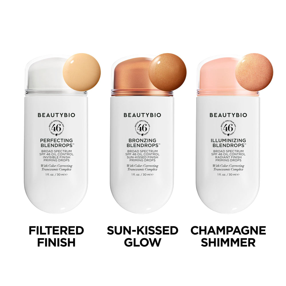 BeautyBio Blendrops auto-adjust tone swatch demonstrates adaptable radiance across skin tones