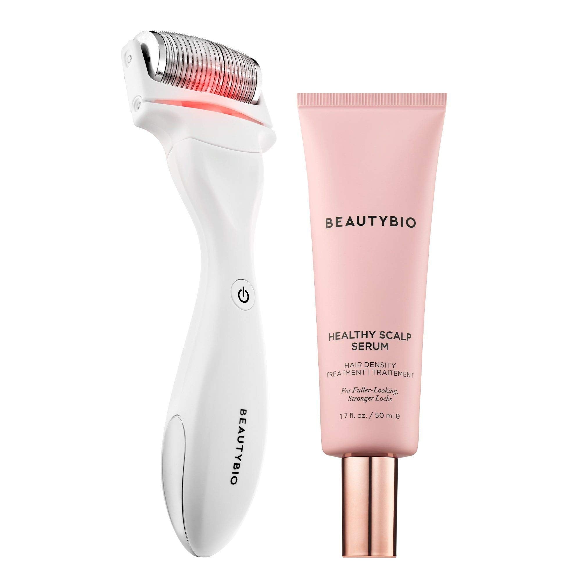 BeautyBio scalp care set on display highlights complete kit contents.
