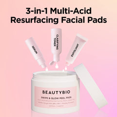 BeautyBio Swipe and Glow Peel Pads bottle close-up emphasizing premium formula for brightening skin.