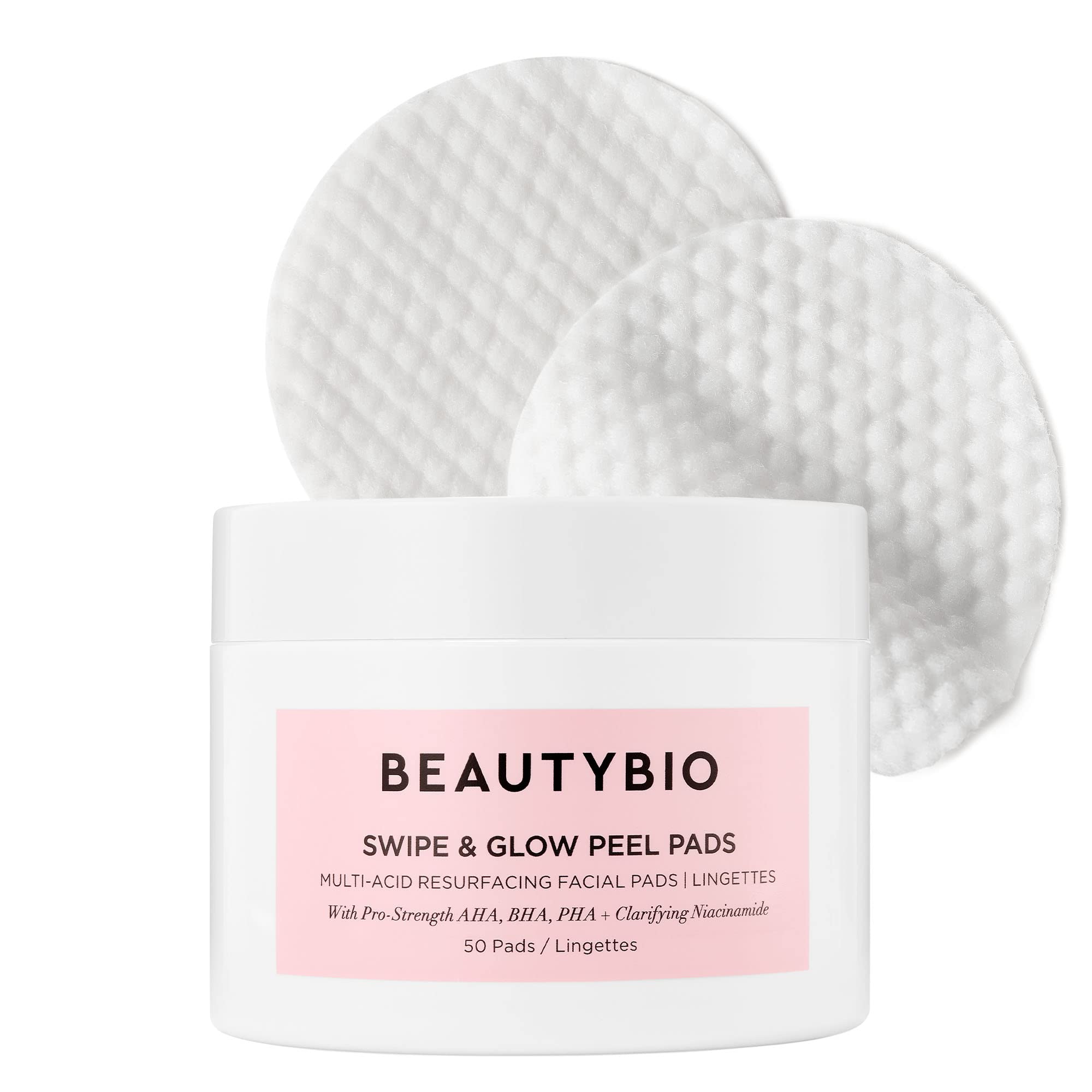 BeautyBio Swipe and Glow Peel Pads packaging highlighting multitask formula for clearer skin.