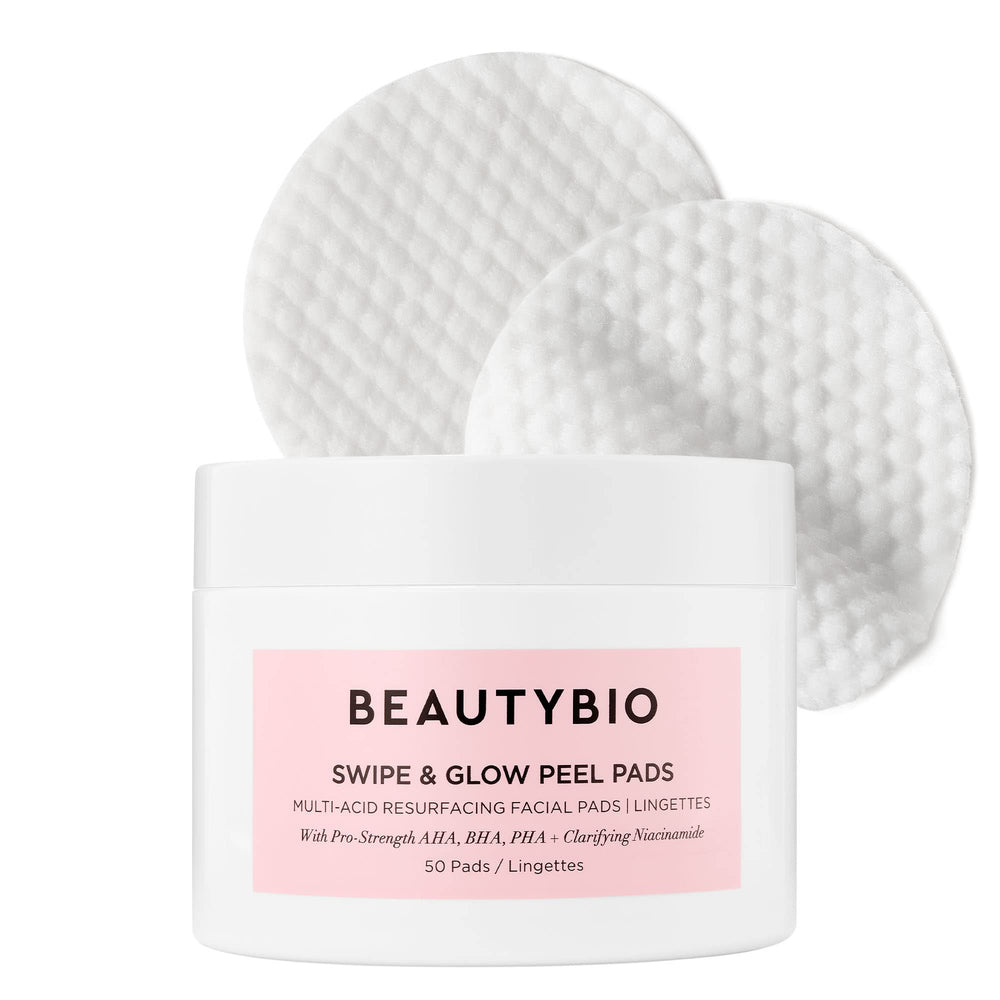 BeautyBio Swipe and Glow Peel Pads packaging highlighting multitask formula for clearer skin.