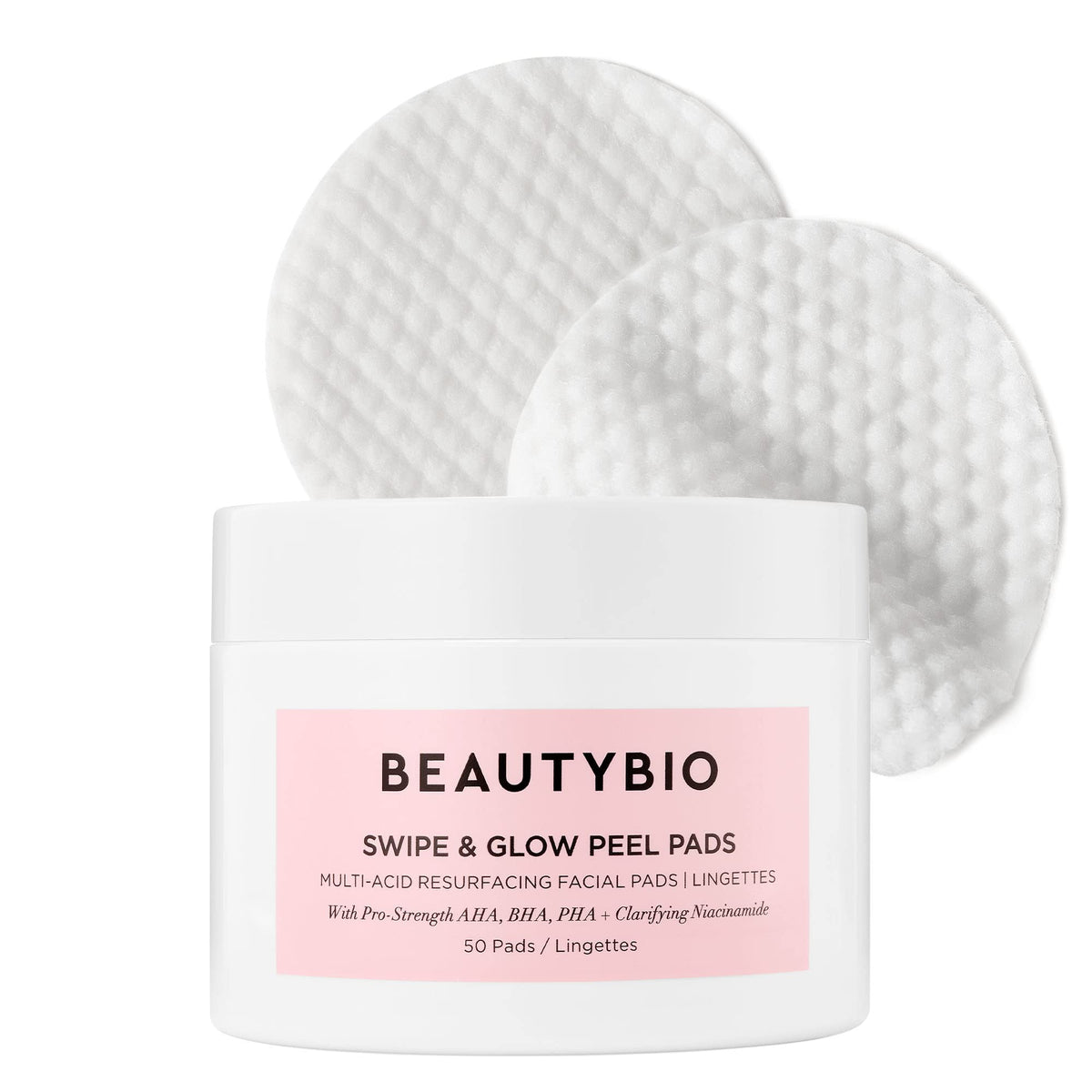 BeautyBio Swipe and Glow Peel Pads packaging highlighting multitask formula for clearer skin.