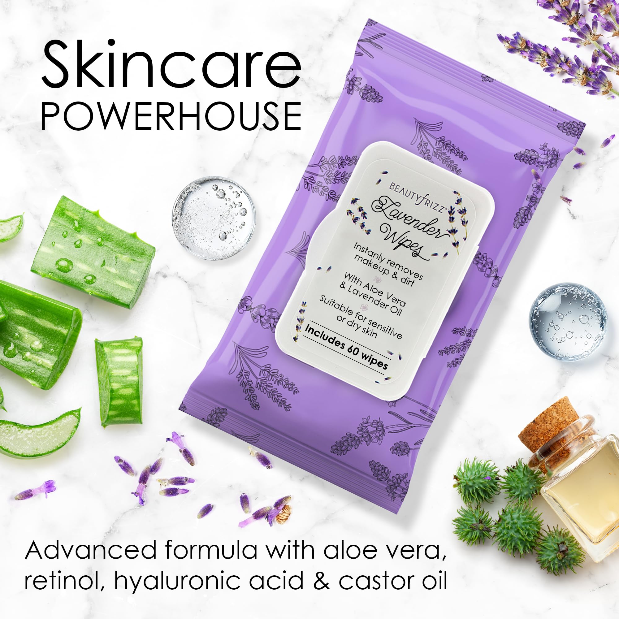 BeautyFrizz Lavender Face Wipes design suitable for men and women.