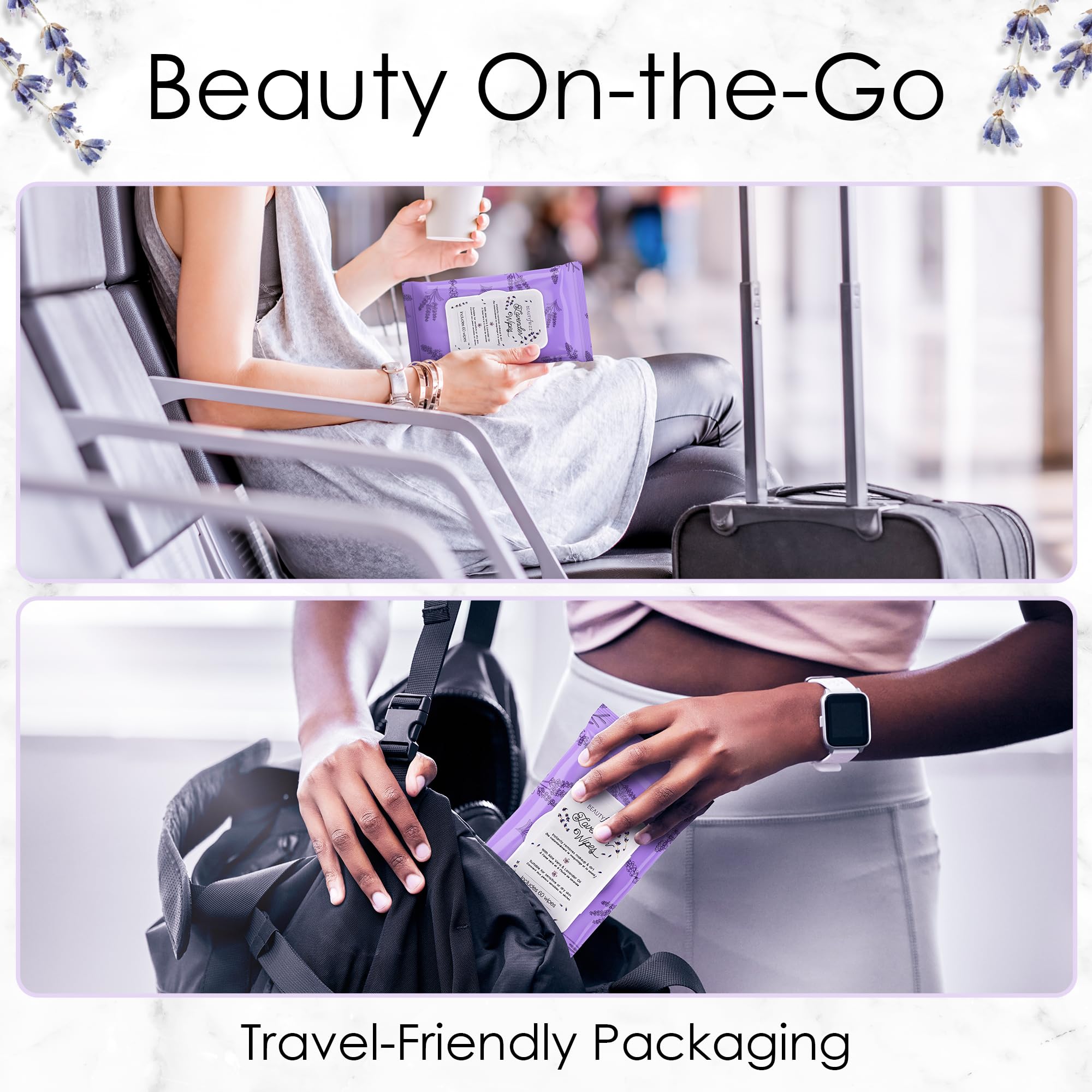 BeautyFrizz Lavender Face Wipes on-the-go usage for quick makeup removal.