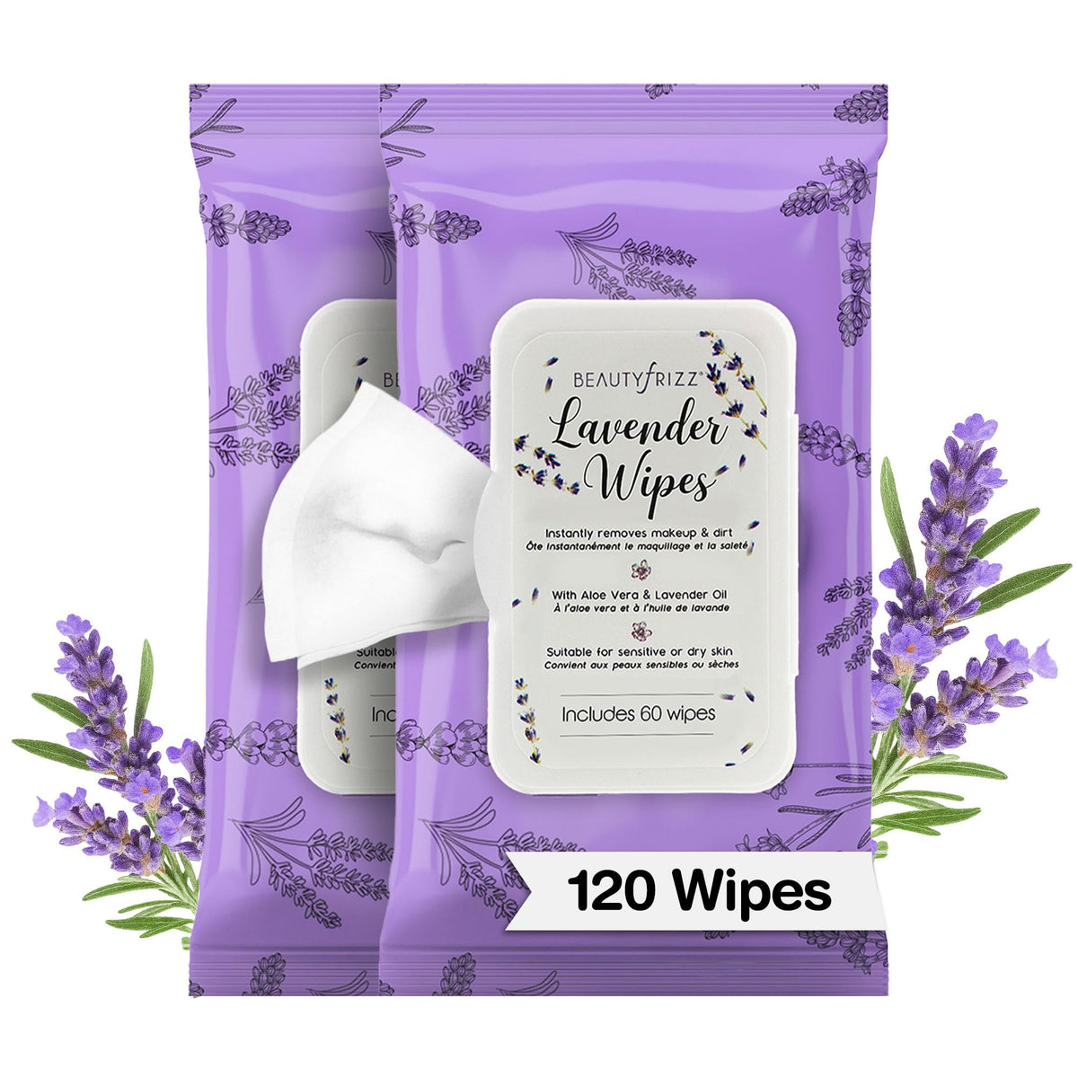 BeautyFrizz Lavender Face Wipes packshot shows 120-count packaging for on-the-go cleansing.