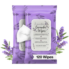 BeautyFrizz Lavender Face Wipes packshot shows 120-count packaging for on-the-go cleansing.