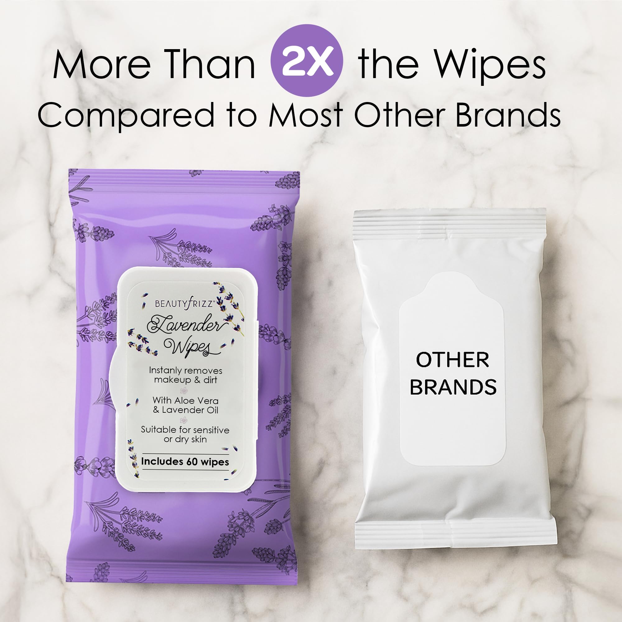 BeautyFrizz Lavender Face Wipes textured wipe highlights soft, gentle cleansing.