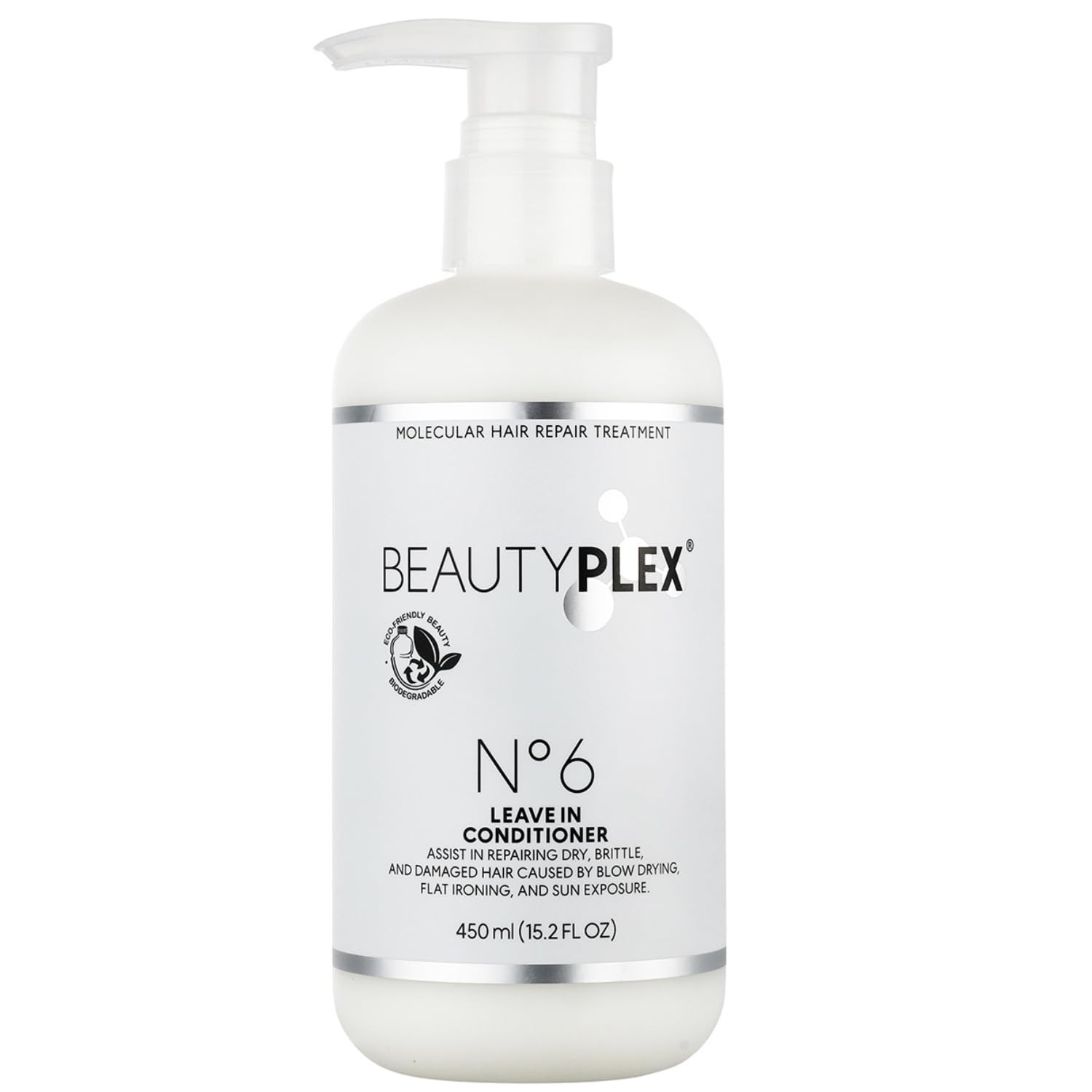 BeautyPlex No. 6 leave-in bottle pour demonstrates bond repair benefits for hair.