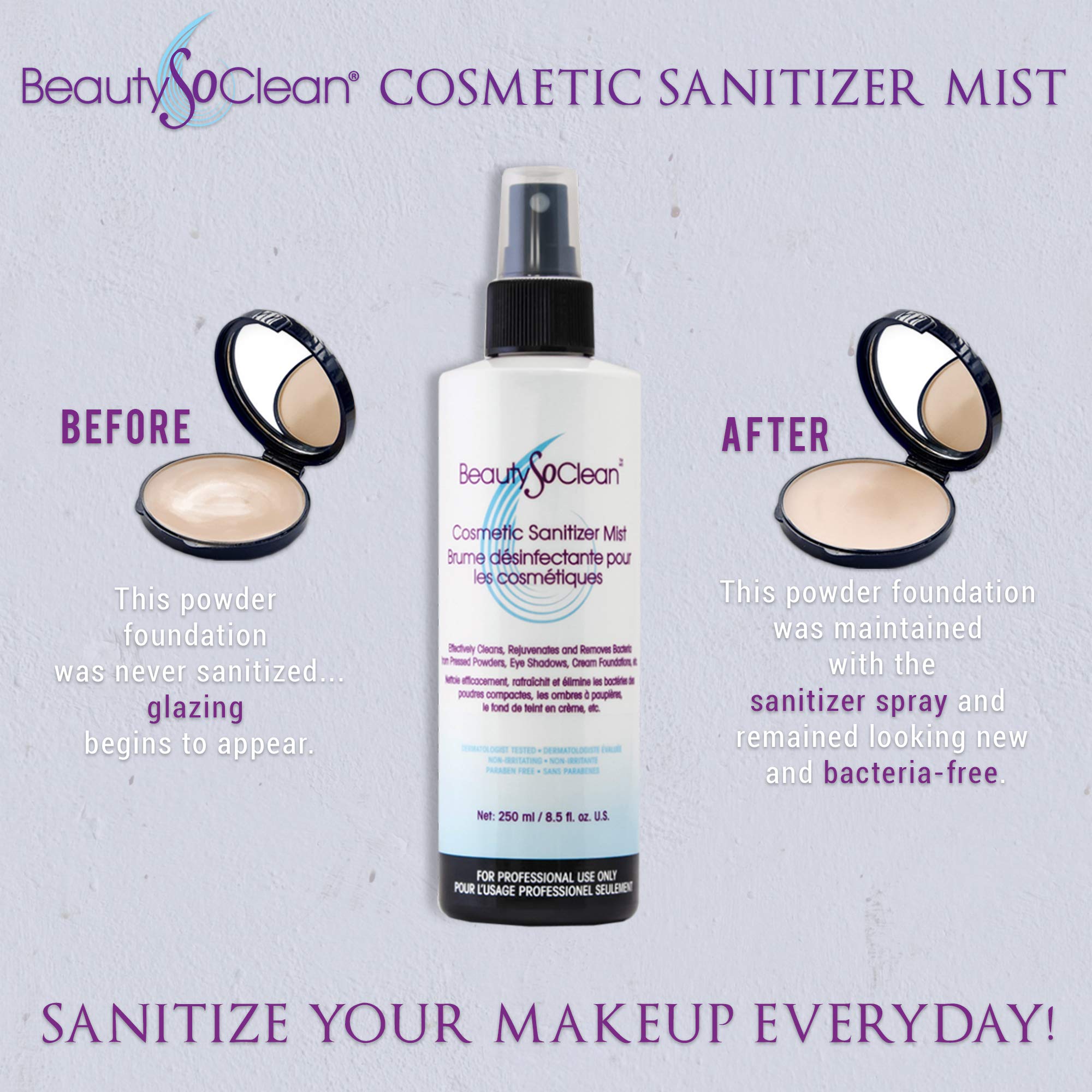 Beautysoclean Cosmetic Sanitizer Mist used on a powder palette during travel.