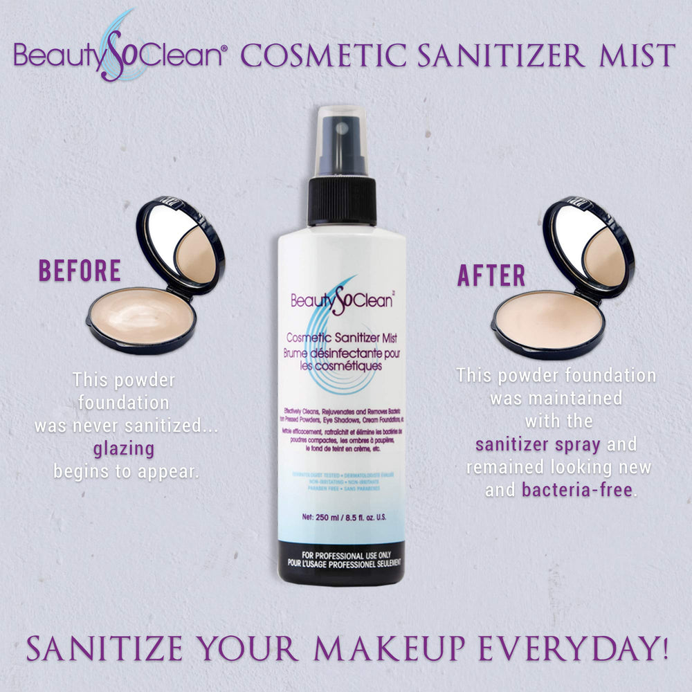 Beautysoclean Cosmetic Sanitizer Mist used on a powder palette during travel.
