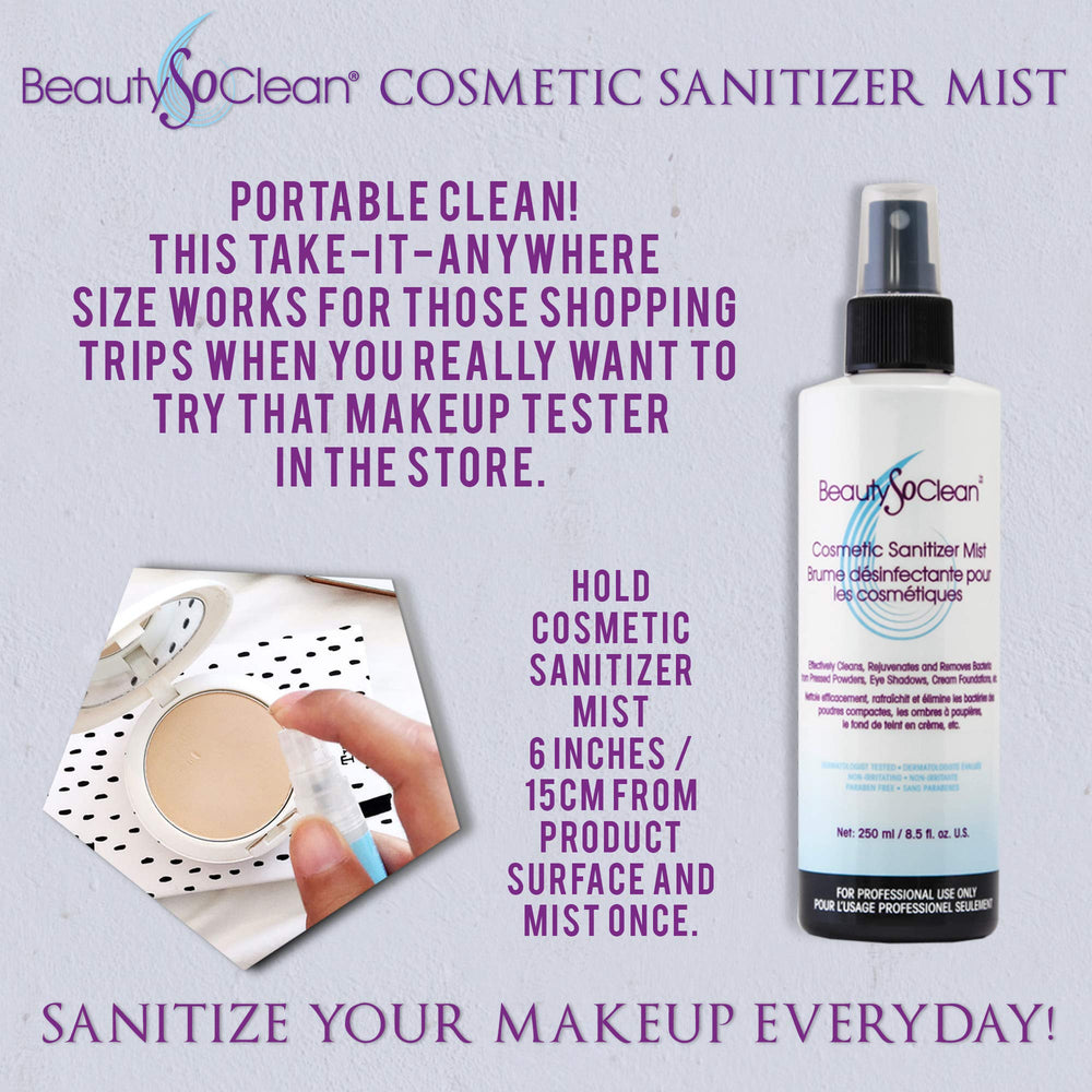 Beautysoclean mist on a pressed powder palette preventing residue build-up.