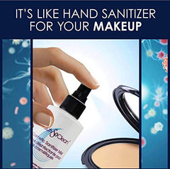 Beautysoclean Cosmetic Sanitizer Mist pump-action in use on a compact.