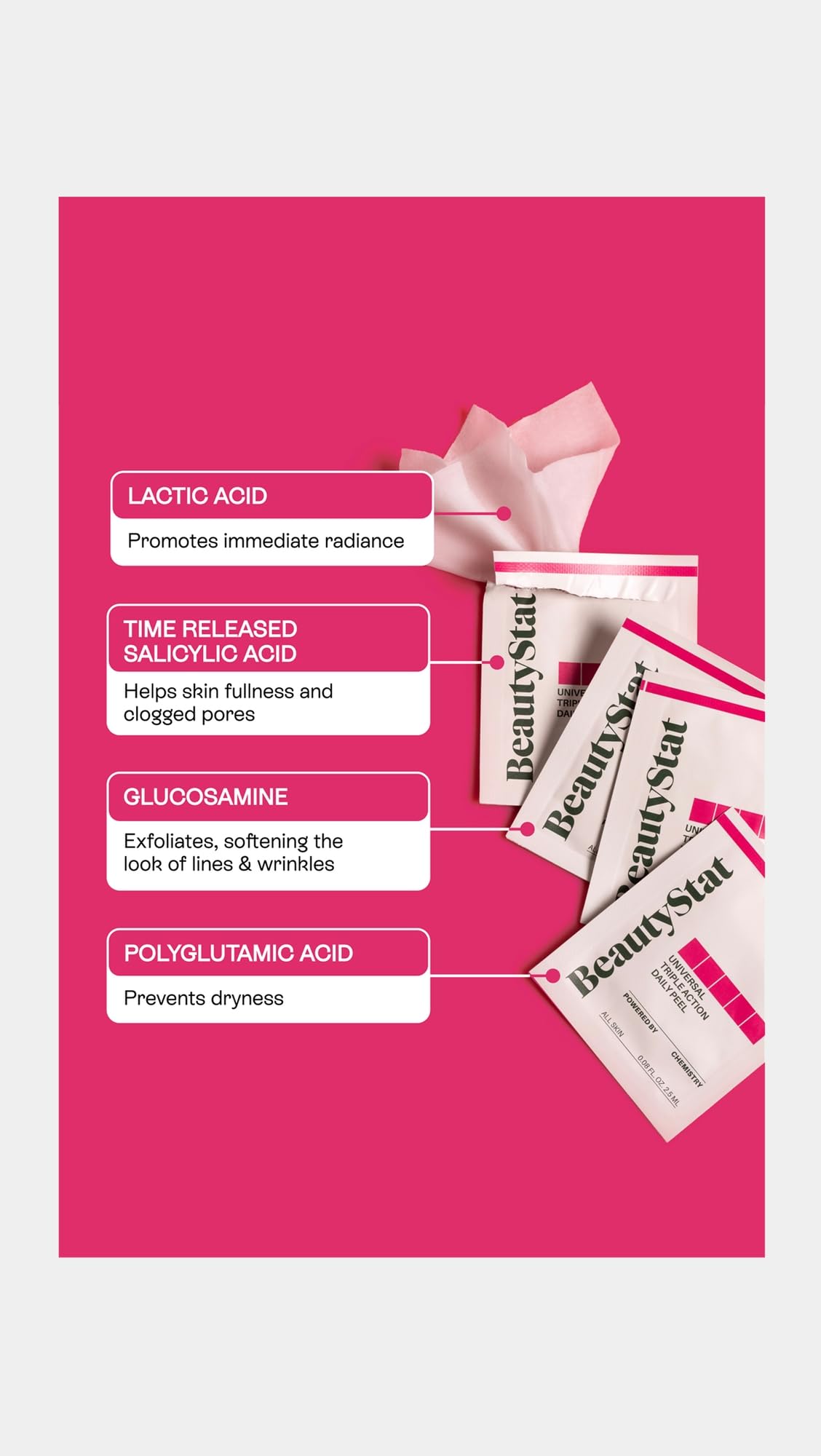 Close-up of BeautyStat peel pad sachet highlighting single-use convenience