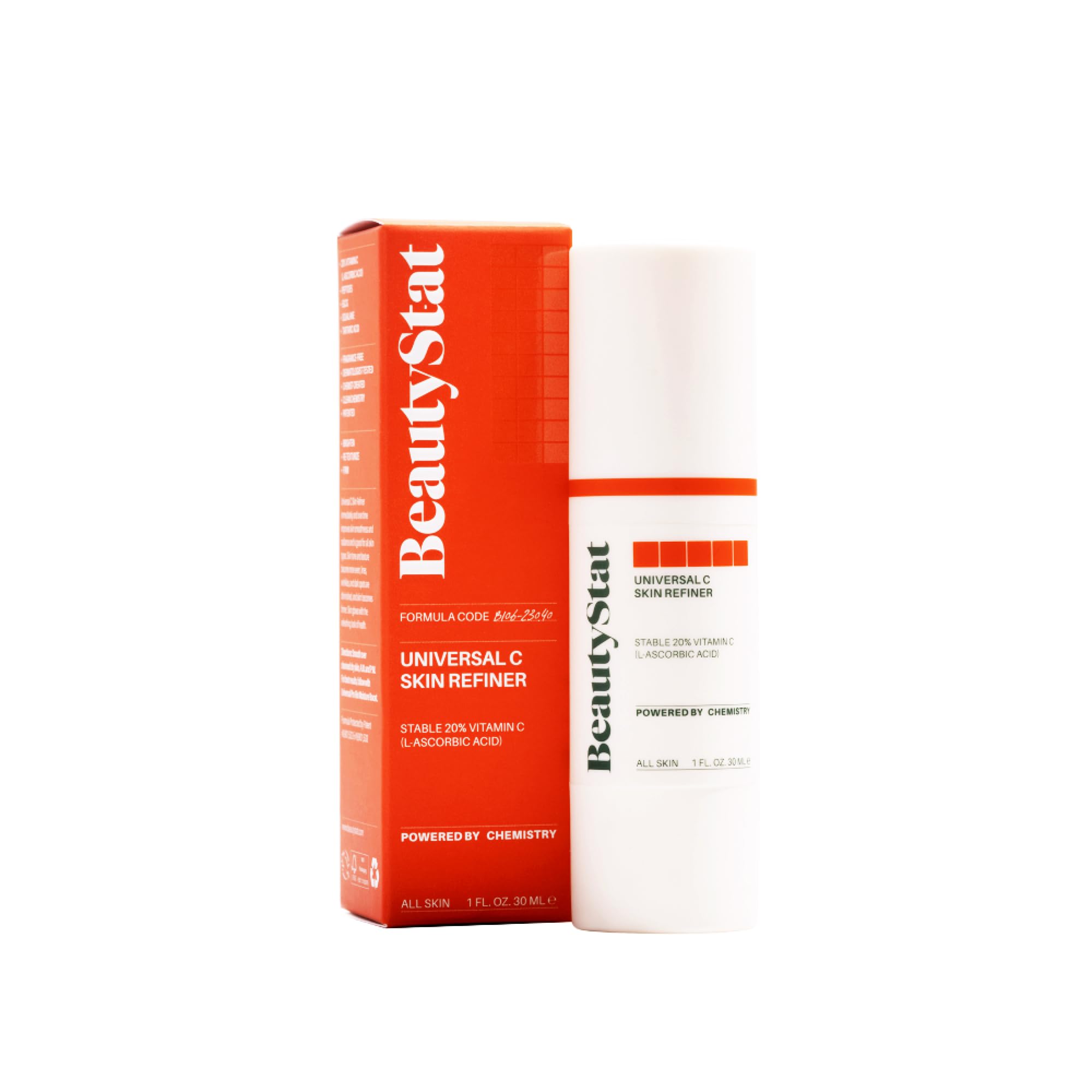 BeautyStat Universal C Skin Refiner label highlights 20% L-ascorbic acid concentration for brightening potential.
