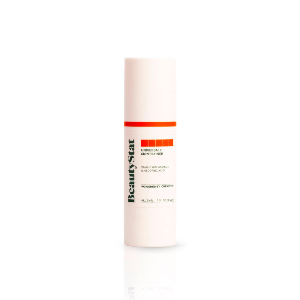 BeautyStat Universal C Skin Refiner bottle closeup with gel-cream texture for radiant skin.
