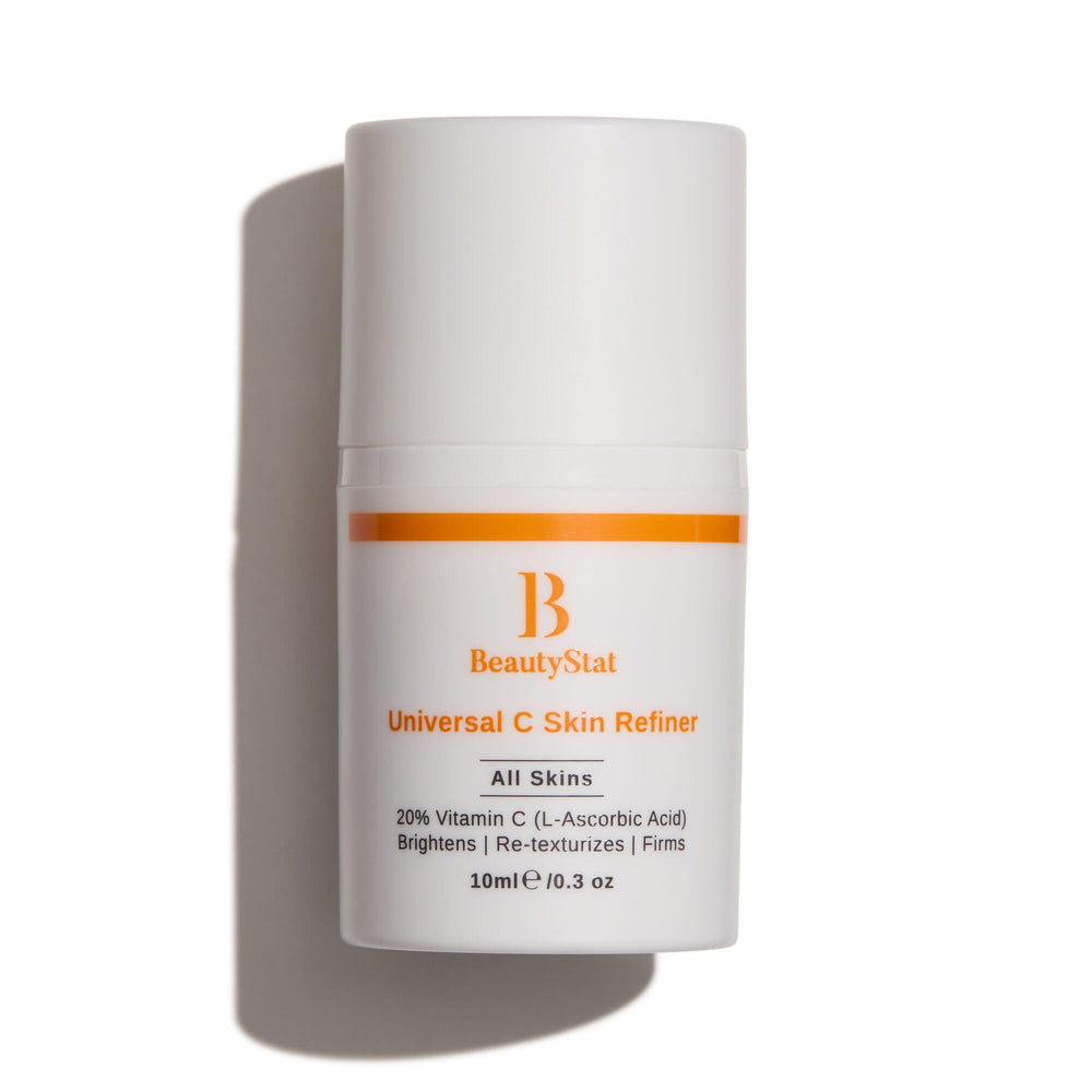 BeautyStat Universal C Skin Refiner bottle front shows premium Vitamin C serum for radiant, even-toned skin