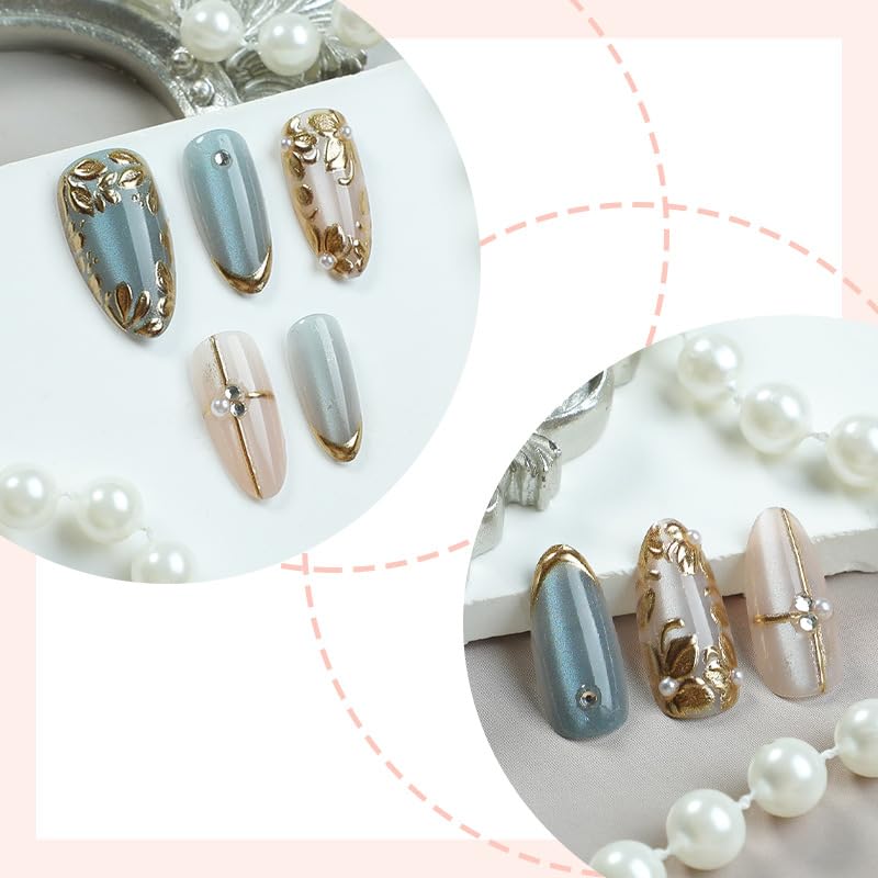 BEAWTH 3D gold flower accents elevate press-on nails for festive looks.