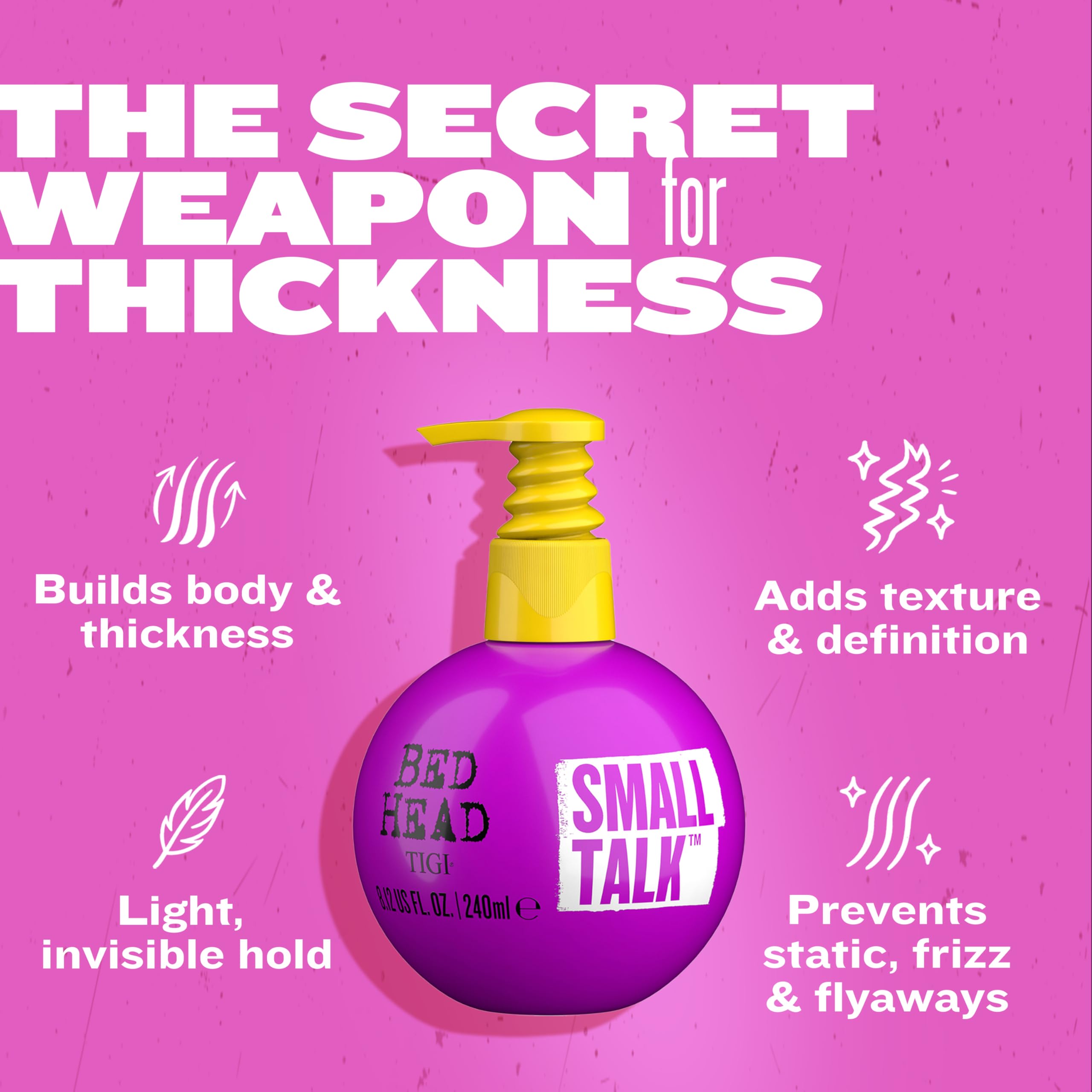 Bed Head Small Talk Mini 3-in-1 creates natural shine and flexible texture.