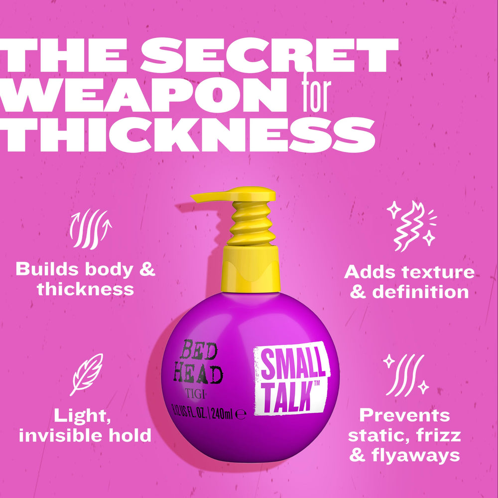 Bed Head Small Talk Mini 3-in-1 creates natural shine and flexible texture.