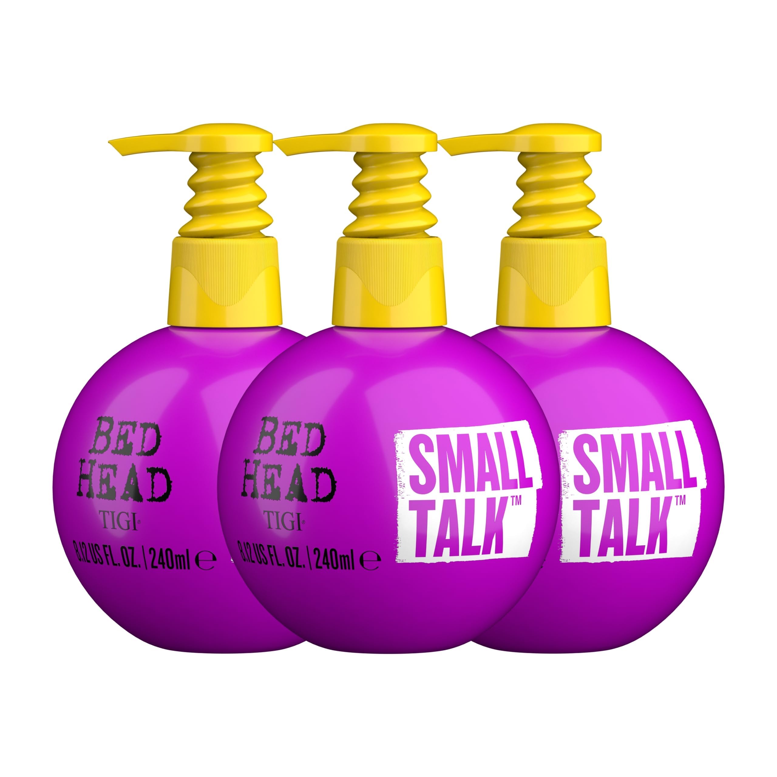 Bed Head Small Talk Mini 3-in-1 thickening cream bottle adds volume for fine hair.