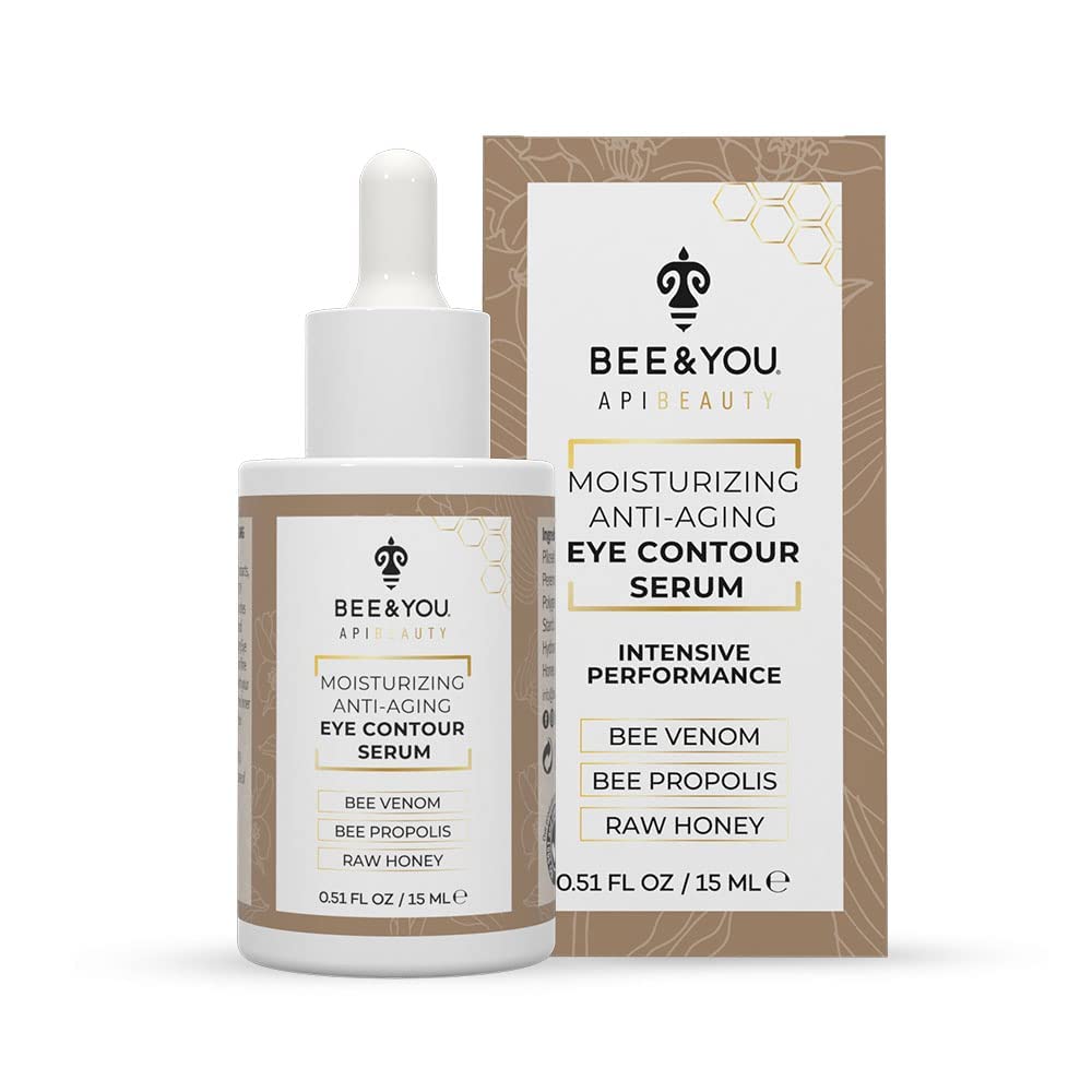 Bee & You Eye Serum bottle on display, signaling anti-aging care for delicate eye skin.